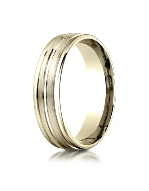Benchmark 14K Yellow Gold 6mm Comfort-Fit with High Polish Center Trim and Round Edge Carved Design Ring