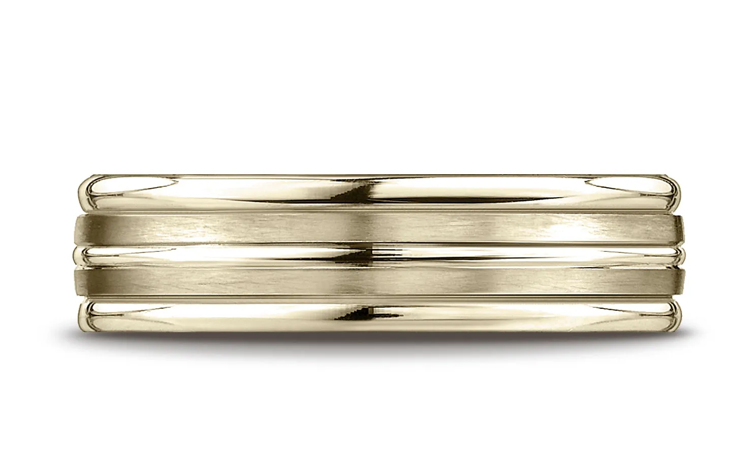 Benchmark 14K Yellow Gold 6mm Comfort-Fit with High Polish Center Trim and Round Edge Carved Design Ring