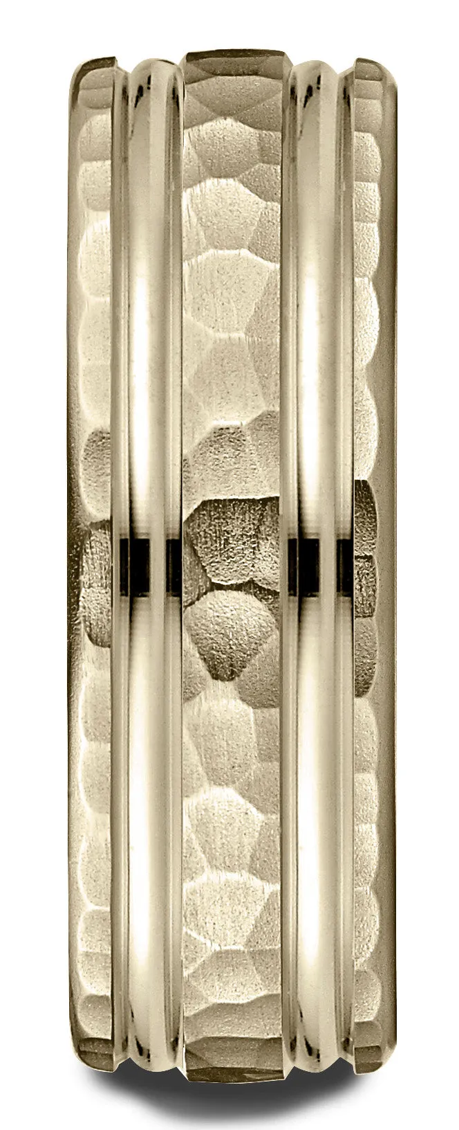 Benchmark 14k Yellow Gold 7.5mm Comfort-Fit Hammered Finish Double High Polish Cut Design Band,(Size 4-14)