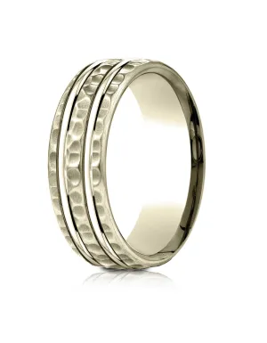 Benchmark 14k Yellow Gold 7.5mm Comfort-Fit Hammered Finish Double High Polish Cut Design Band,(Size 4-14)