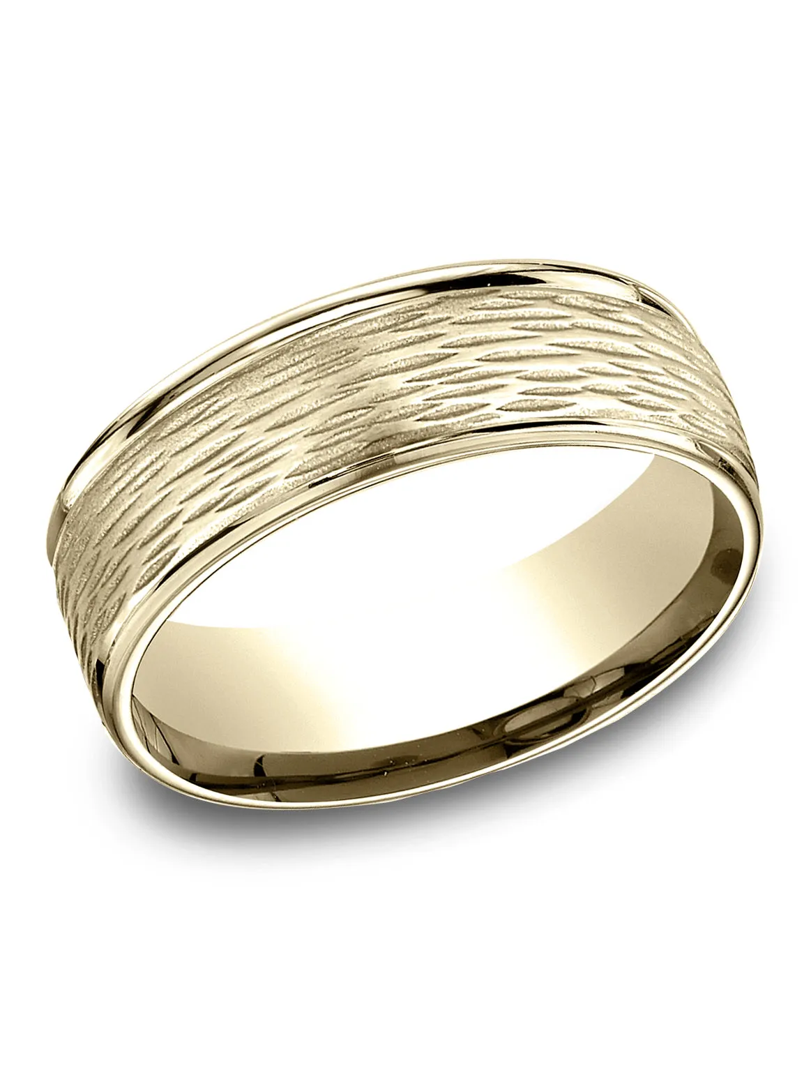 Benchmark 14K Yellow Gold 7.5mm Comfort-Fit Round Edge Birch Bark Center, (Size 4-14)