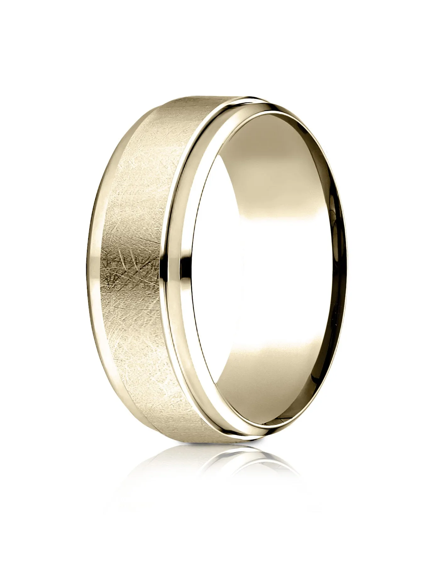 Benchmark 14k Yellow Gold 7mm Comfort-Fit Drop Bevel Swirl Finish Center Design Band, (Sizes 4-15)
