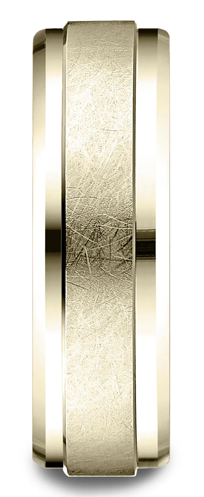Benchmark 14k Yellow Gold 7mm Comfort-Fit Drop Bevel Swirl Finish Center Design Band, (Sizes 4-15)