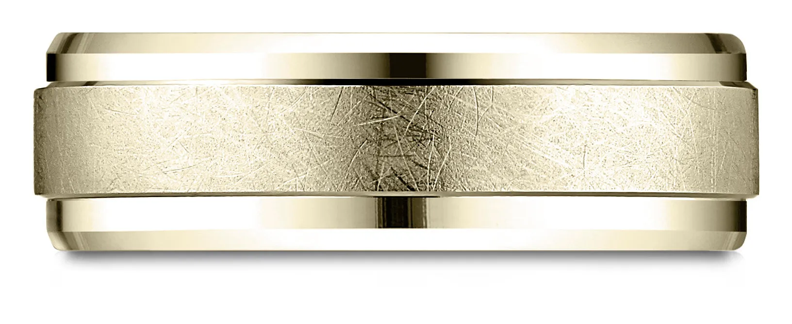 Benchmark 14k Yellow Gold 7mm Comfort-Fit Drop Bevel Swirl Finish Center Design Band, (Sizes 4-15)