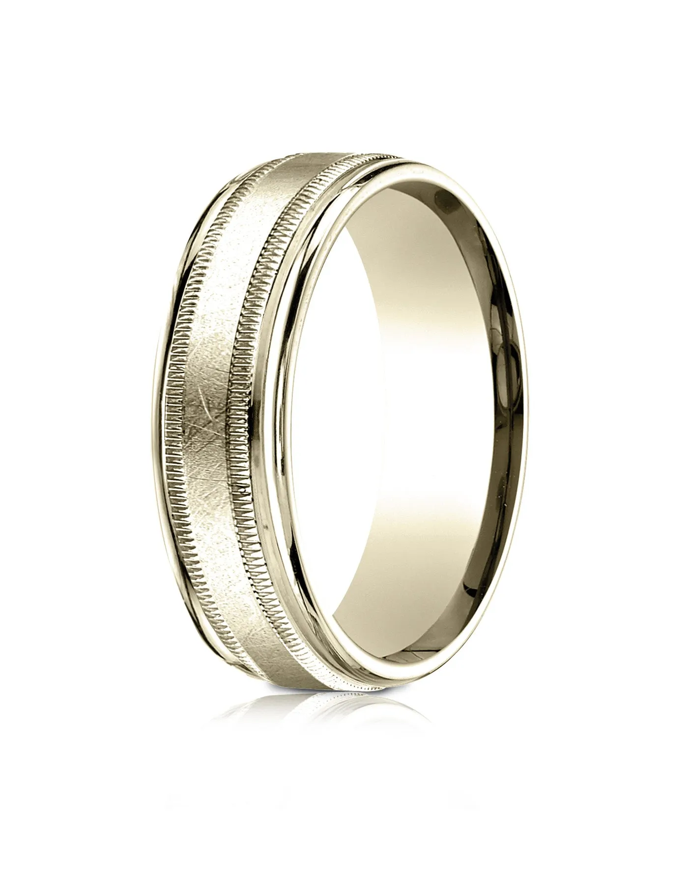 Benchmark 14k Yellow Gold 7mm Comfort-Fit Swirl Finish Center Milgrain Round Edge Carved Design Band
