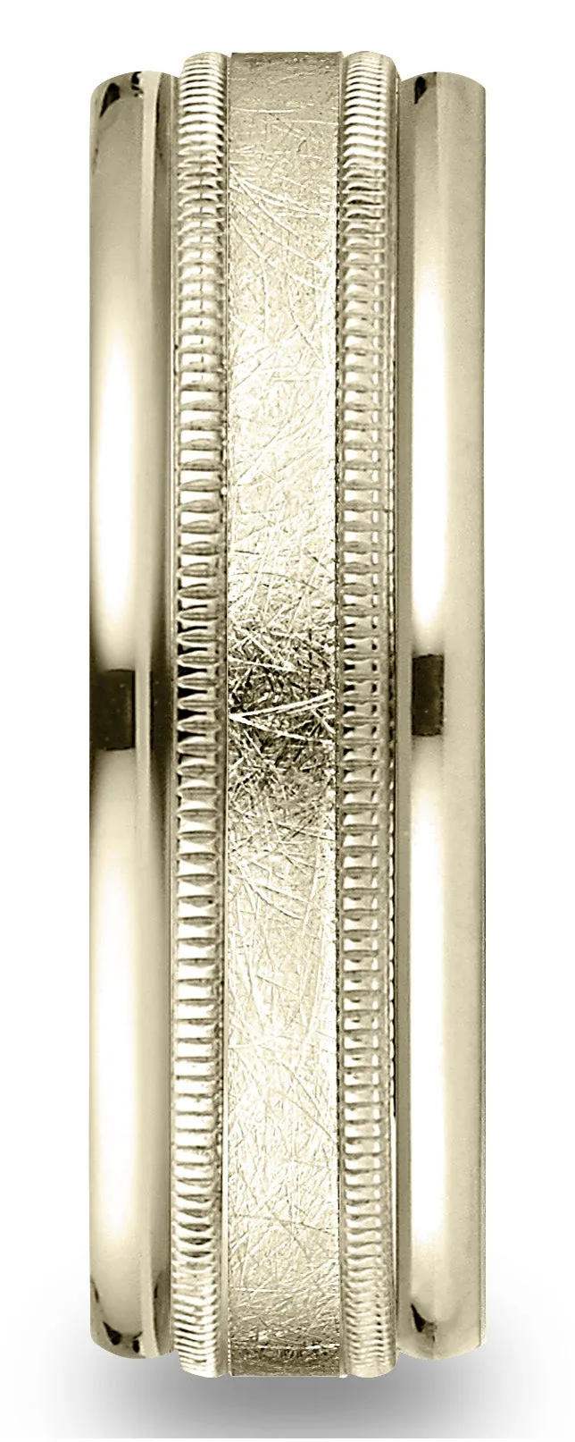 Benchmark 14k Yellow Gold 7mm Comfort-Fit Swirl Finish Center Milgrain Round Edge Carved Design Band
