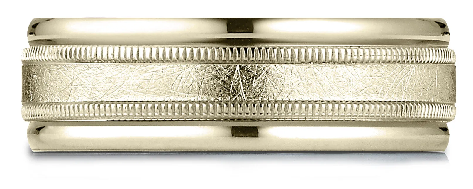 Benchmark 14k Yellow Gold 7mm Comfort-Fit Swirl Finish Center Milgrain Round Edge Carved Design Band