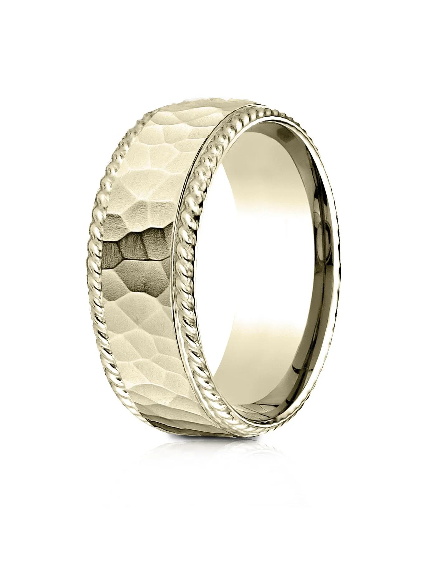 Benchmark 14k Yellow Gold 8mm Comfort-Fit Rope Edge Hammered Finish Design Band, (Sizes 4-15)