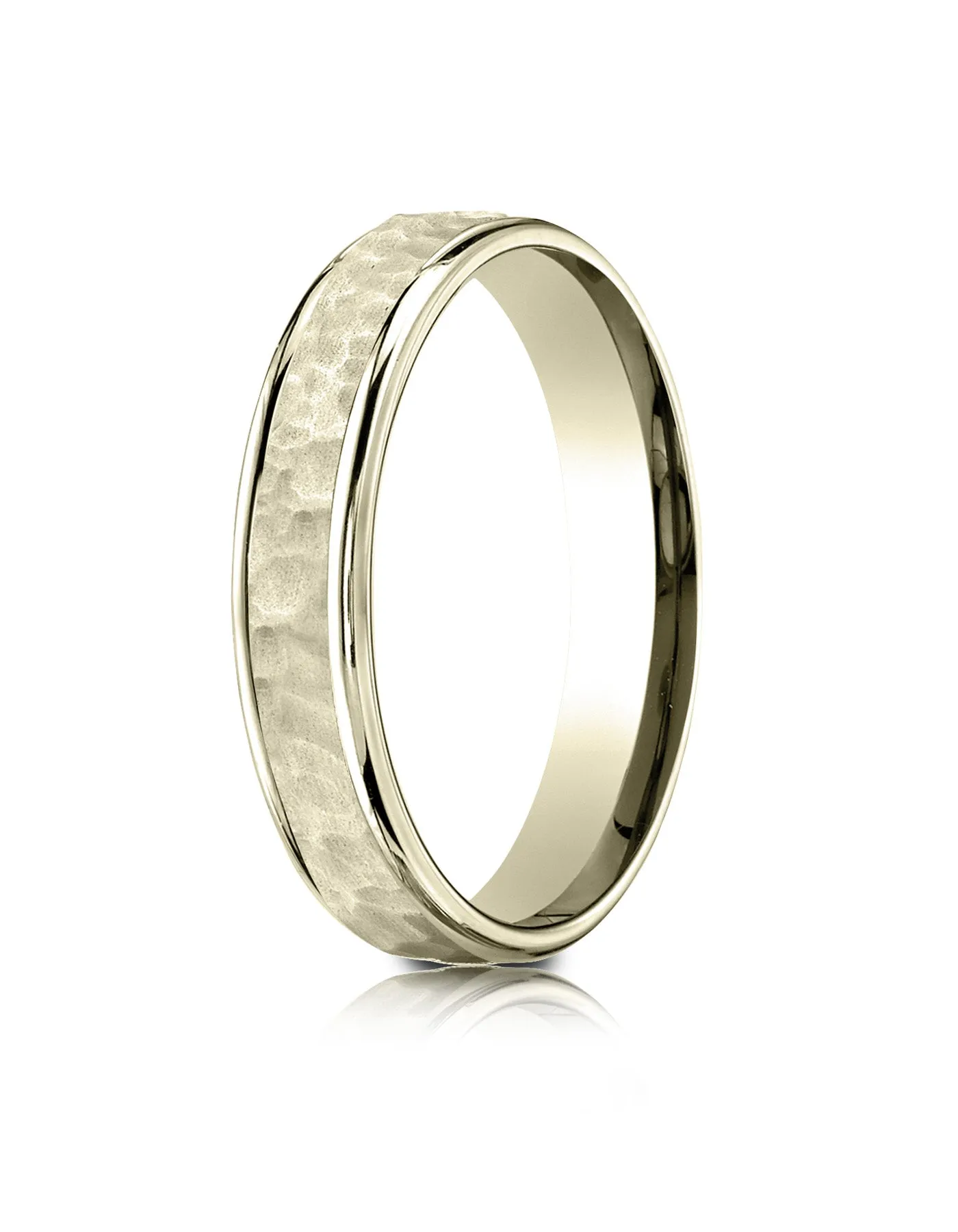 Benchmark 14k Yellow Gold Comfort Fit 4mm High Polish Edge Hammered Center Design Band, (Size 6-13)