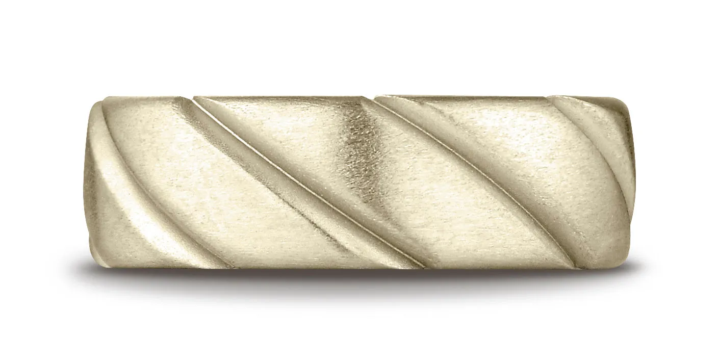 Benchmark 14K Yellow Gold Comfort-Fit 7.5mm Satin Finished Swirl Pattern Design Wedding Band Ring