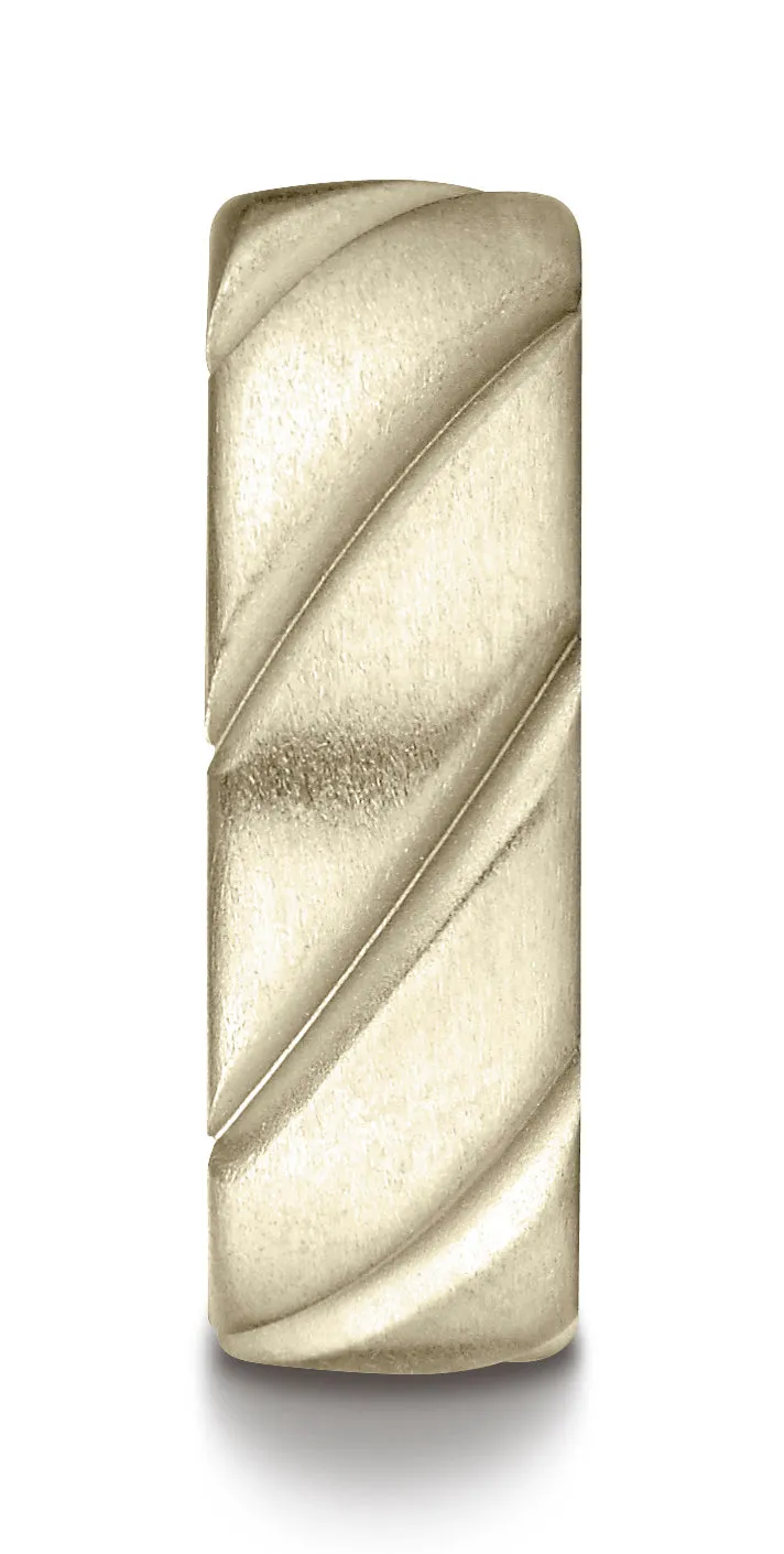 Benchmark 14K Yellow Gold Comfort-Fit 7.5mm Satin Finished Swirl Pattern Design Wedding Band Ring