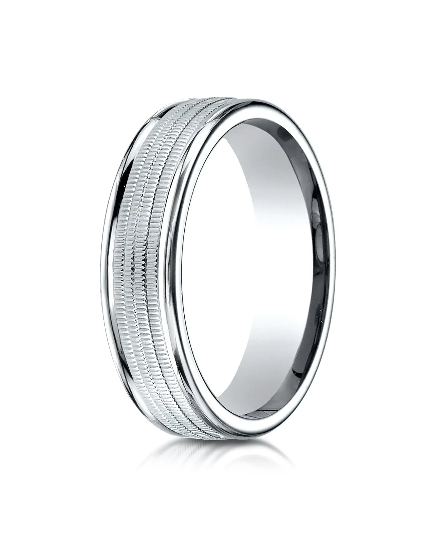 Benchmark 18K White Gold 6mm Comfort-Fit Multi Milgrain Center High Polish Round Edge Design Wedding Band