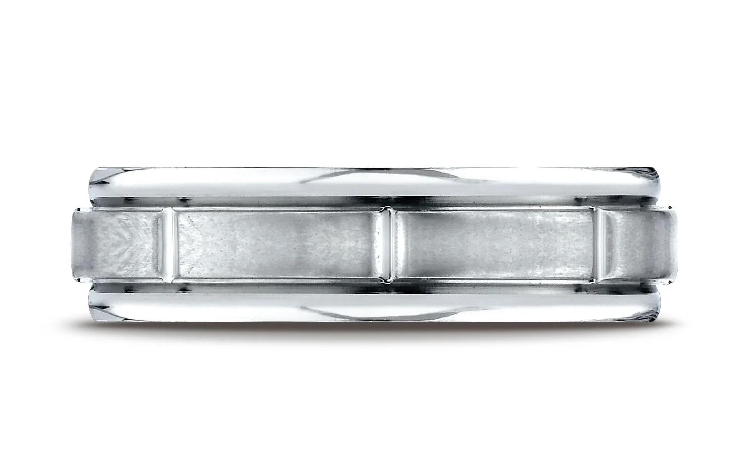 Benchmark 18K White Gold 6mm Comfort-Fit Satin-Finish 8 Center Cuts and Round Edge Carved Design Ring
