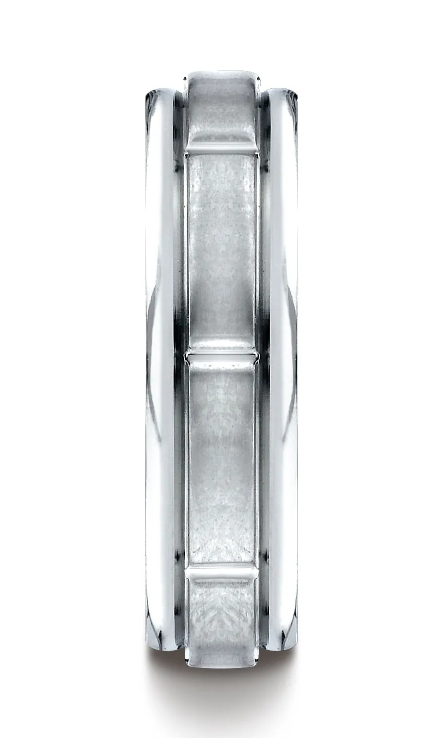 Benchmark 18K White Gold 6mm Comfort-Fit Satin-Finish 8 Center Cuts and Round Edge Carved Design Ring