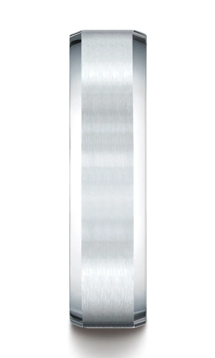 Benchmark 18K White Gold 6mm Comfort-Fit Satin-Finished with High Polish Beveled Edge Carved Design Ring