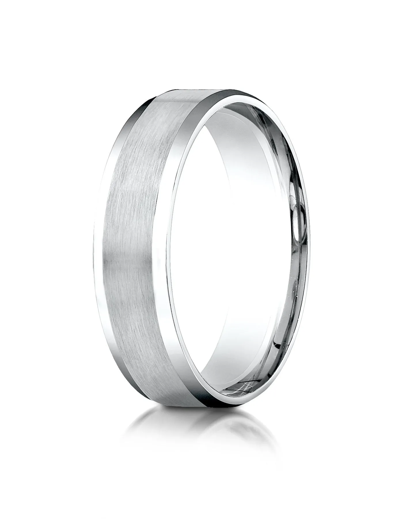 Benchmark 18K White Gold 6mm Comfort-Fit Satin-Finished with High Polish Beveled Edge Carved Design Ring