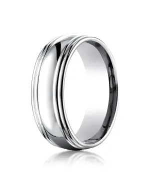 Benchmark 18K White Gold 7.5mm Comfort-Fit High Polished Double Round Edge Carved Design Wedding Band
