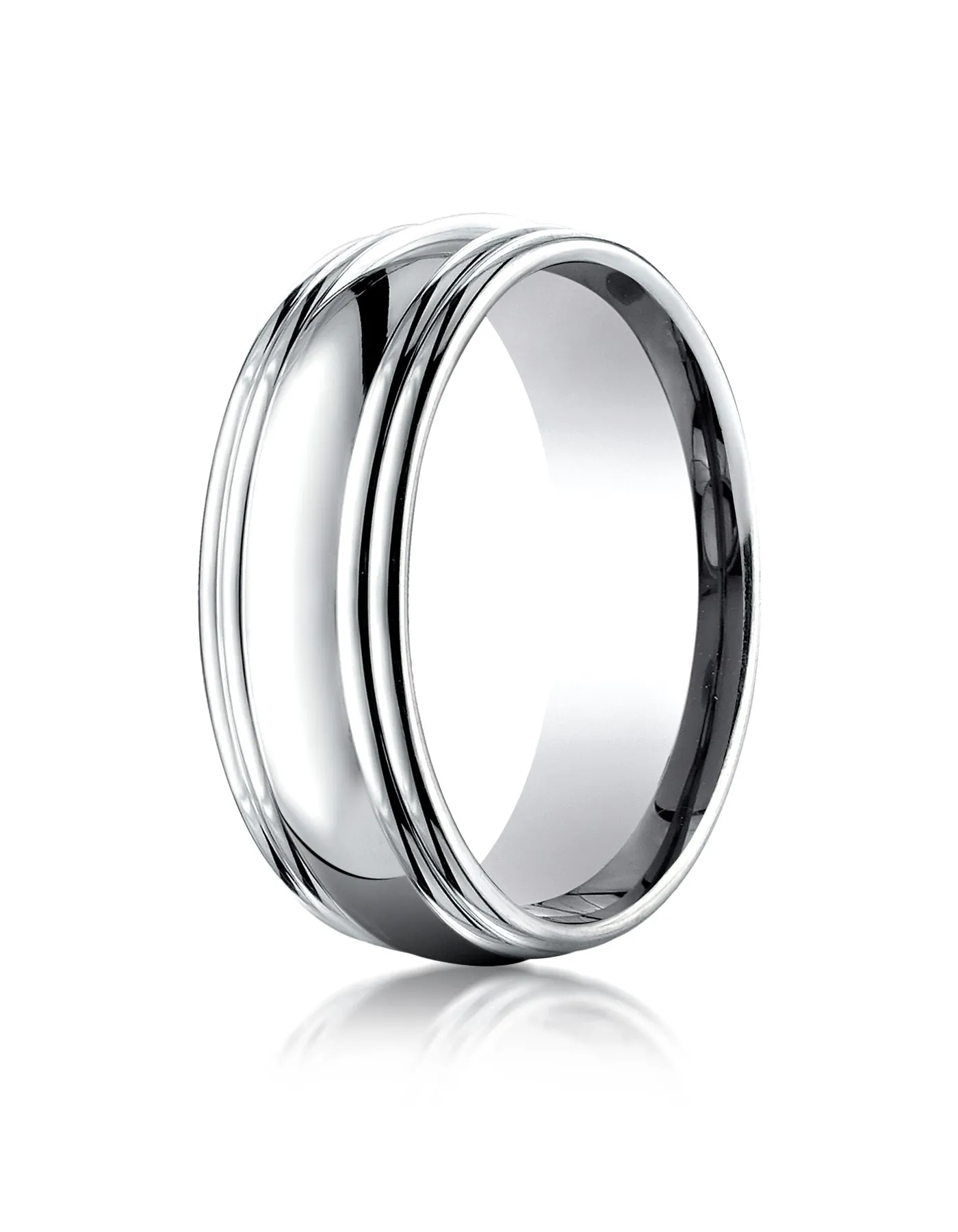 Benchmark 18K White Gold 7.5mm Comfort-Fit High Polished Double Round Edge Carved Design Wedding Band