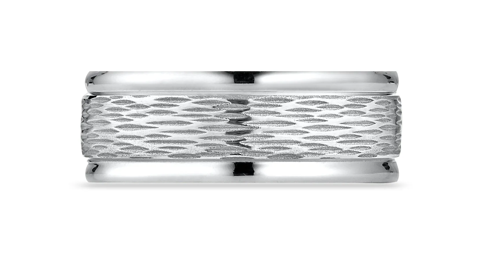 Benchmark 18K White Gold 7.5mm Comfort-Fit Round Edge Birch Bark Center, (Size 4-14)
