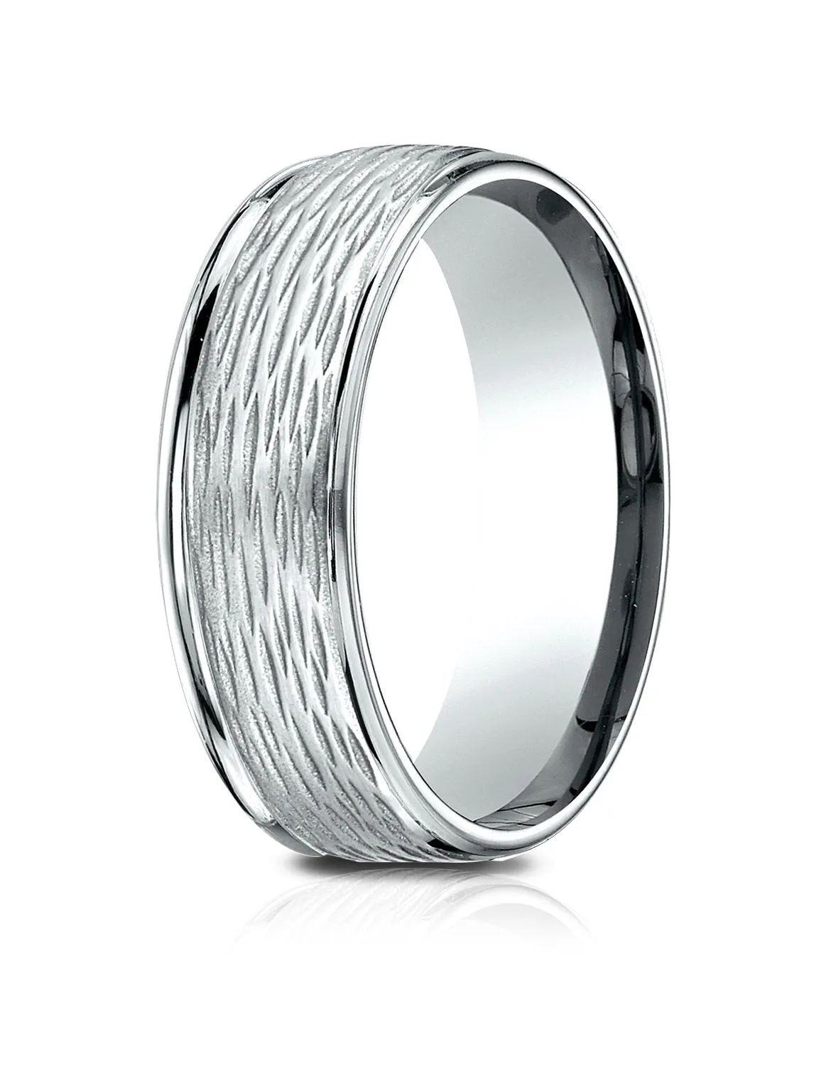 Benchmark 18K White Gold 7.5mm Comfort-Fit Round Edge Birch Bark Center, (Size 4-14)