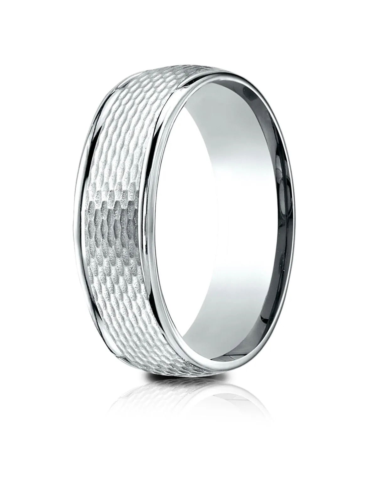 Benchmark 18K White Gold 7.5mm Comfort-Fit Round Edge Mesh Center Design Band, (Size 4-14)