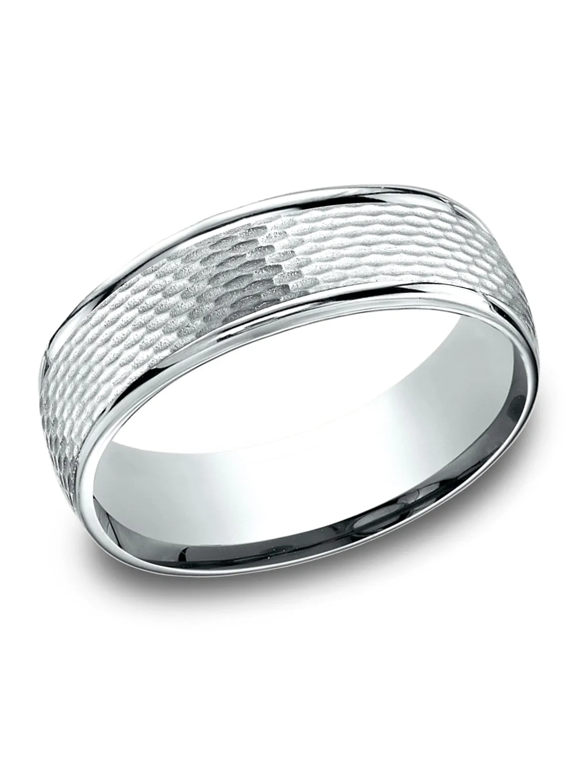 Benchmark 18K White Gold 7.5mm Comfort-Fit Round Edge Mesh Center Design Band, (Size 4-14)