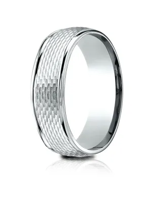 Benchmark 18K White Gold 7.5mm Comfort-Fit Round Edge Mesh Center Design Band, (Size 4-14)