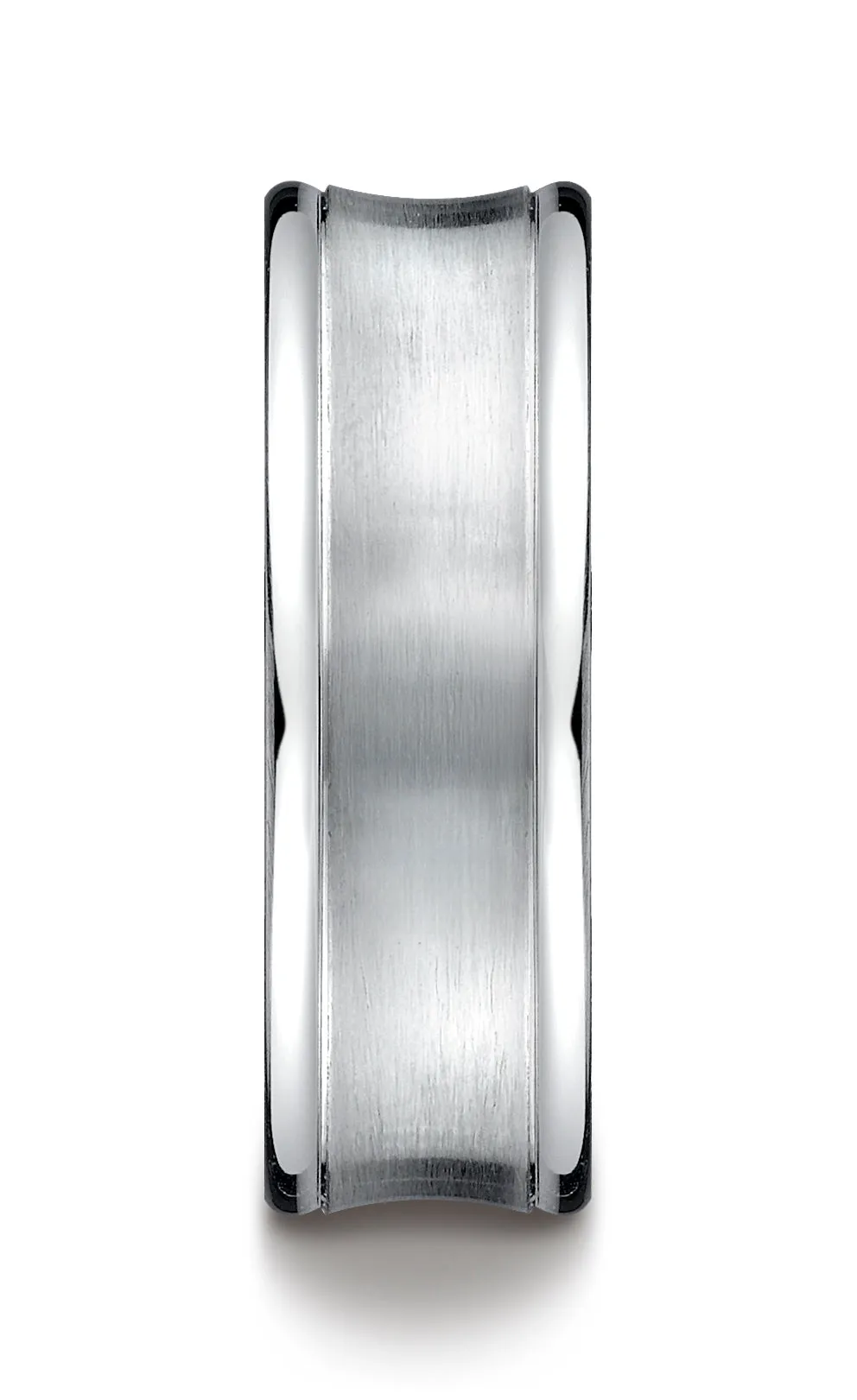 Benchmark 18K White Gold 7.5mm Comfort-Fit Satin-Finished Concave Round Edge Carved Design Wedding Band