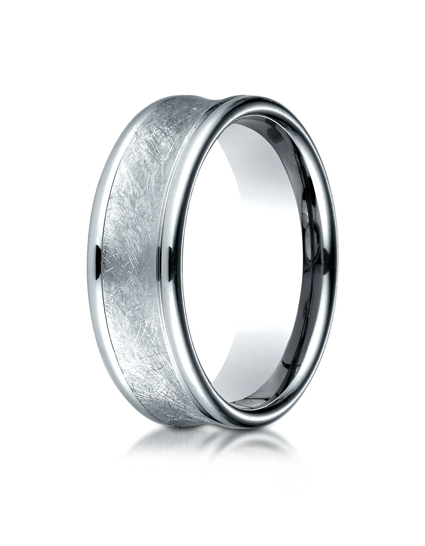 Benchmark 18K White Gold 7.5mm Comfort-Fit Swirled Finish Center Round Edge Design Wedding Band Ring