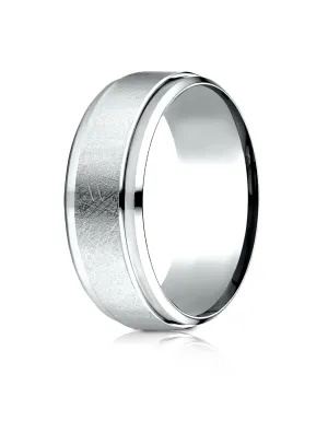 Benchmark 18k White Gold 7mm Comfort-Fit Drop Bevel Swirl Finish Center Design Band, (Sizes 4-15)