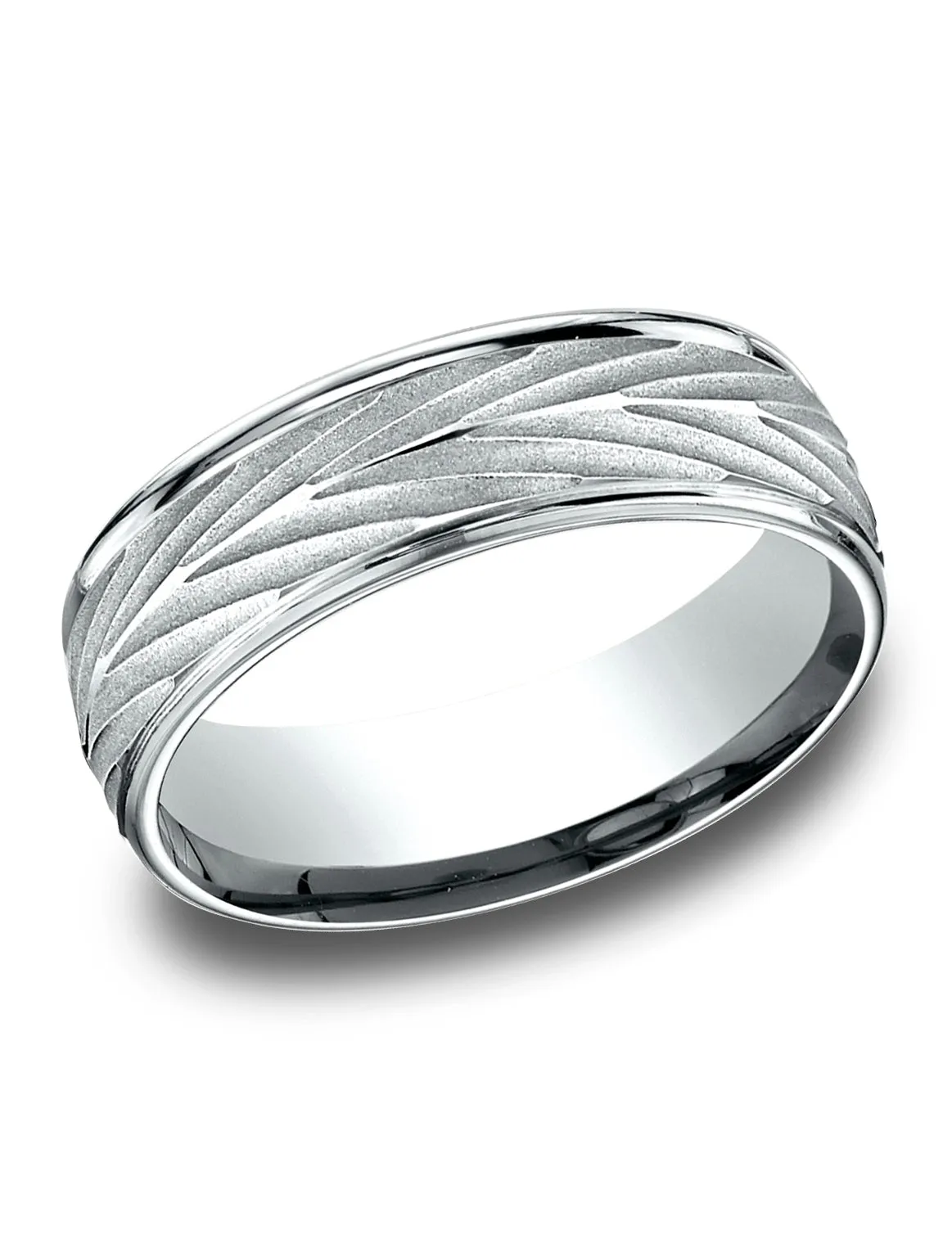 Benchmark 18K White Gold 7mm Comfort-Fit Round Edge Arrow Design Band, (Size 4-15)