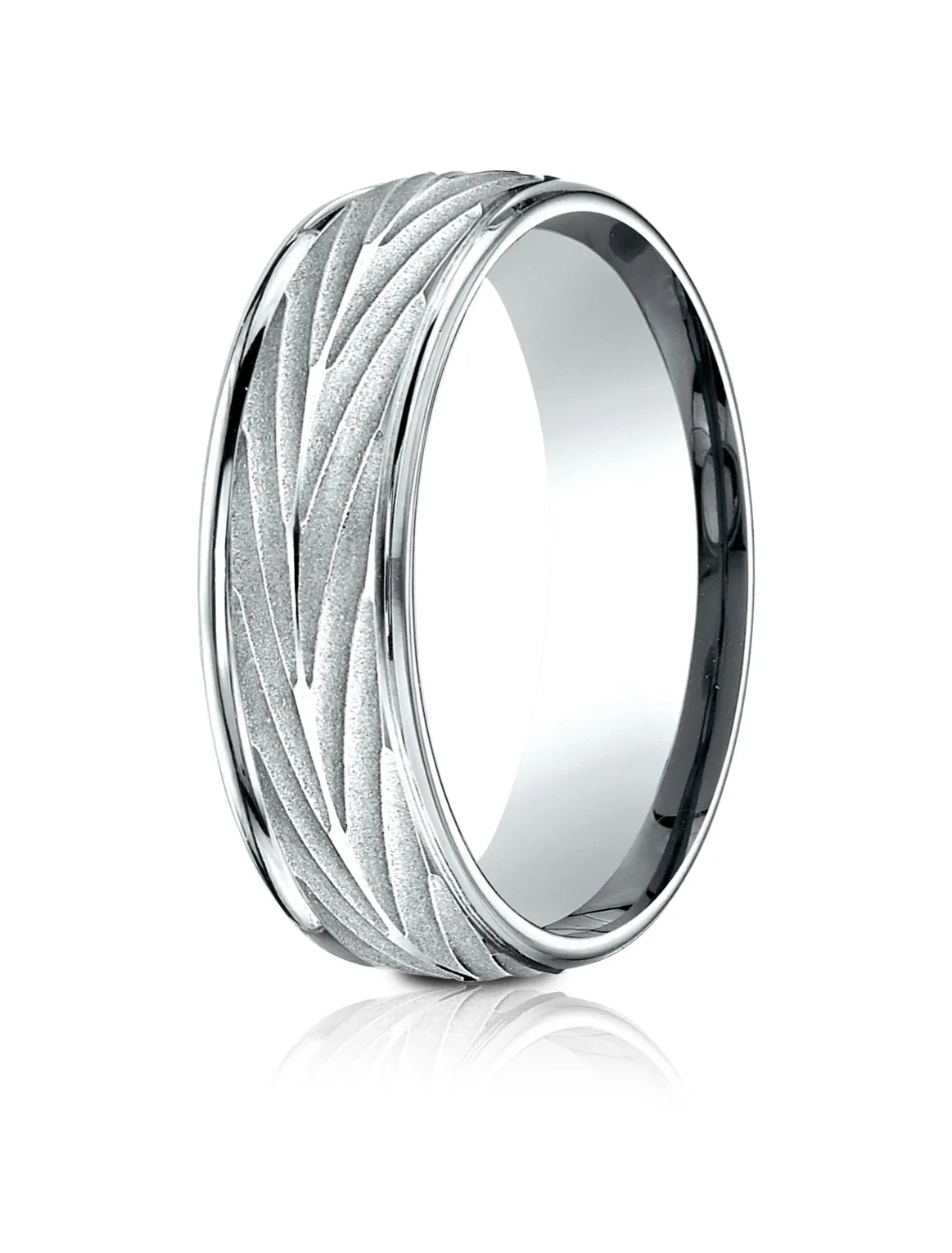 Benchmark 18K White Gold 7mm Comfort-Fit Round Edge Arrow Design Band, (Size 4-15)
