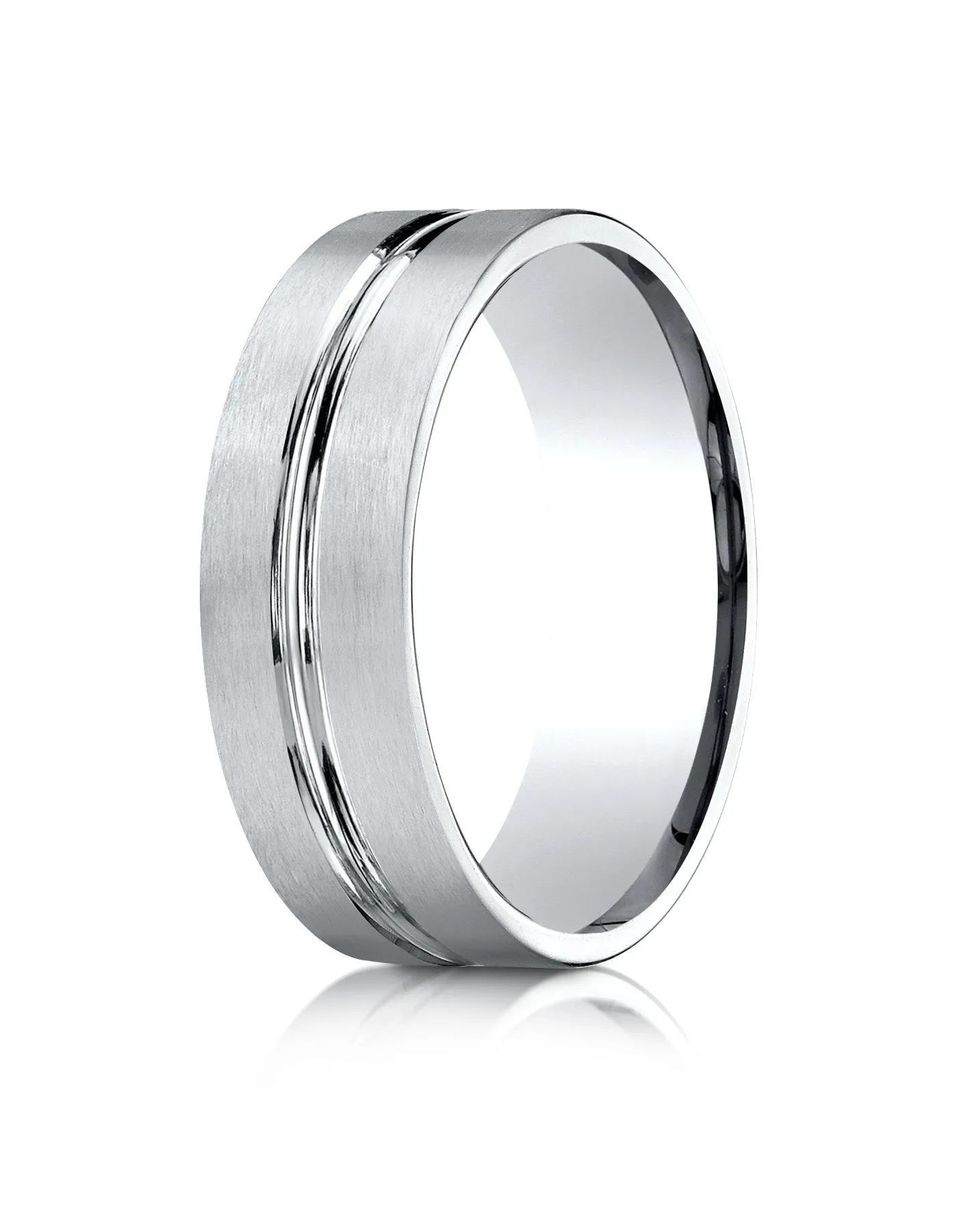 Benchmark 18k White Gold 7mm Comfort-Fit Satin-Finished w/ High Polish Center Cut Carved Design Band