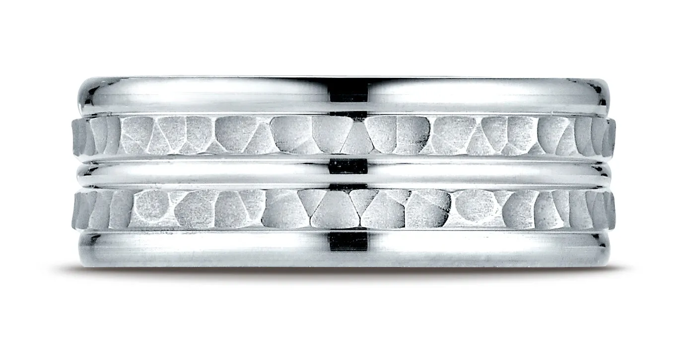 Benchmark 18K White Gold 8mm Comfort-Fit Hammer-Finished High Polished Center Trim and Round Edge Band