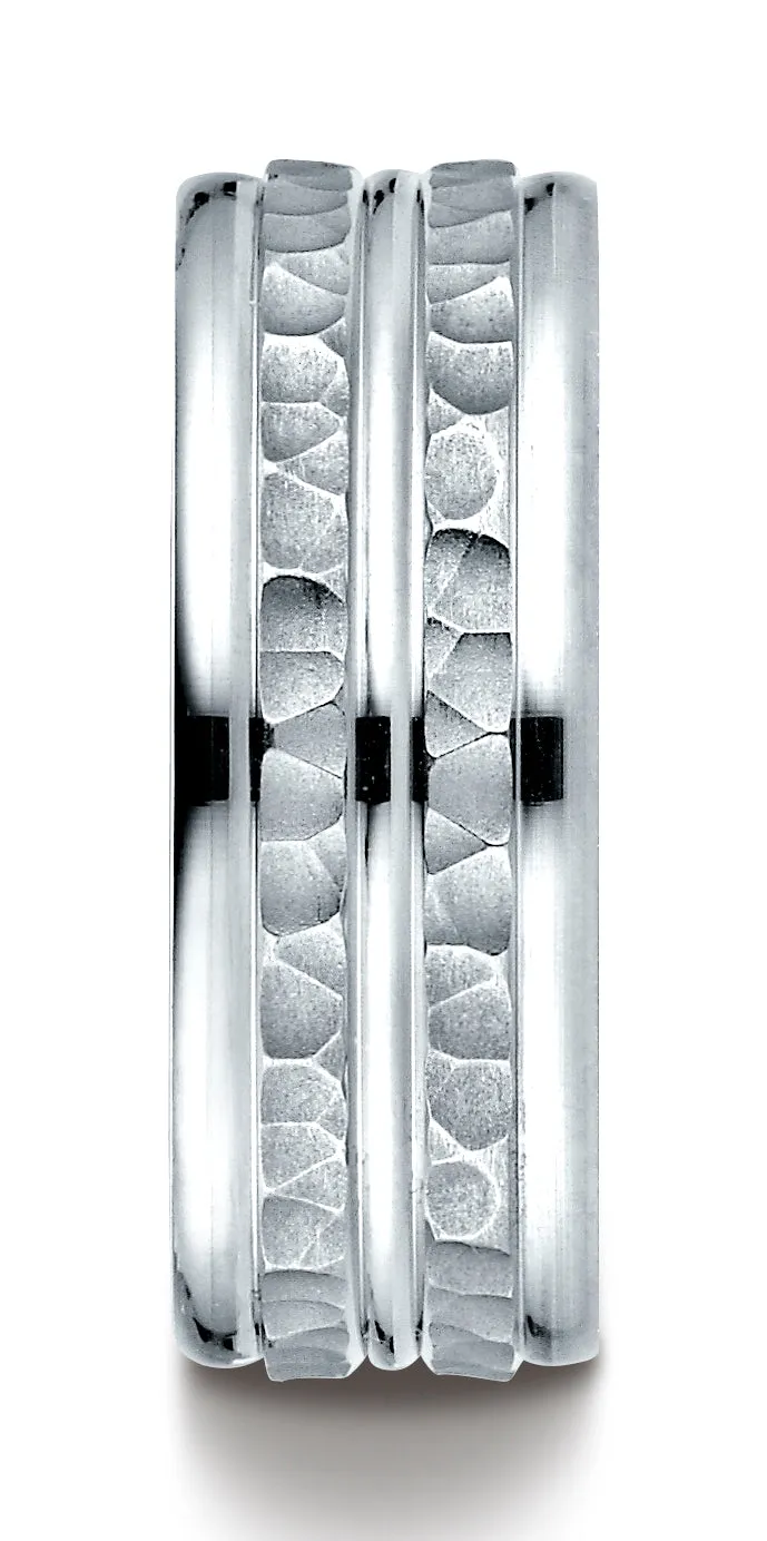 Benchmark 18K White Gold 8mm Comfort-Fit Hammer-Finished High Polished Center Trim and Round Edge Band