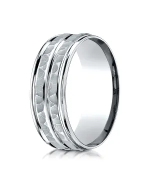 Benchmark 18K White Gold 8mm Comfort-Fit Hammer-Finished High Polished Center Trim and Round Edge Band