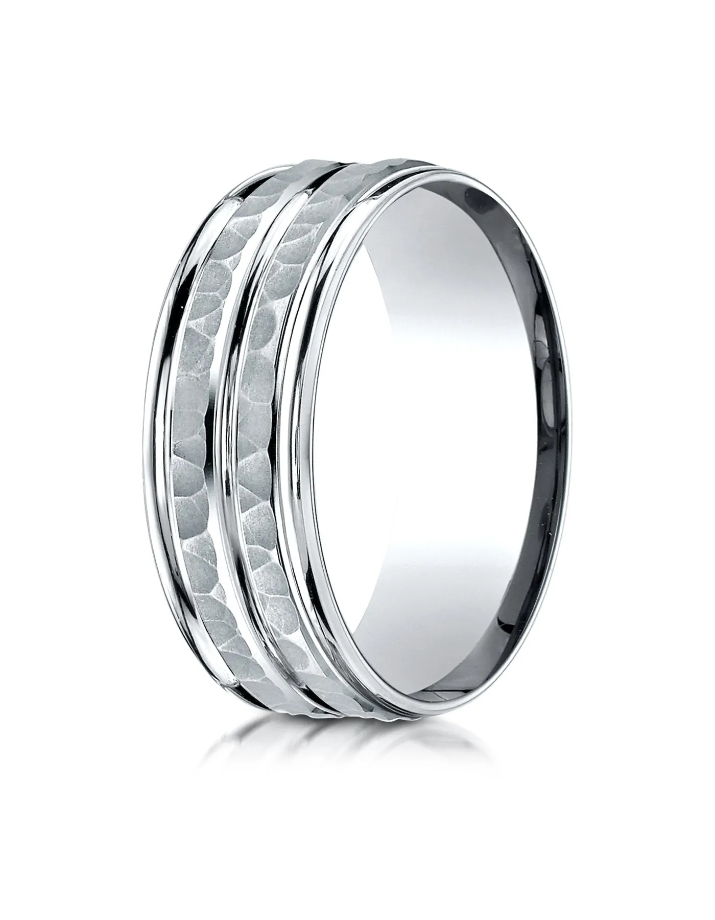 Benchmark 18K White Gold 8mm Comfort-Fit Hammer-Finished High Polished Center Trim and Round Edge Band