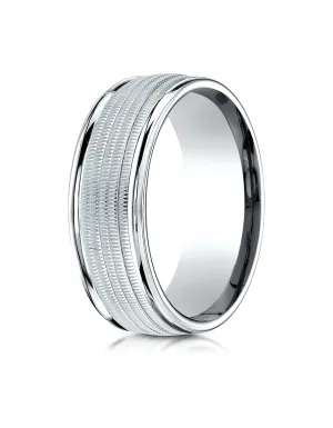 Benchmark 18K White Gold 8mm Comfort-Fit Multi Milgrain Center High Polish Round Edge Design Wedding Band