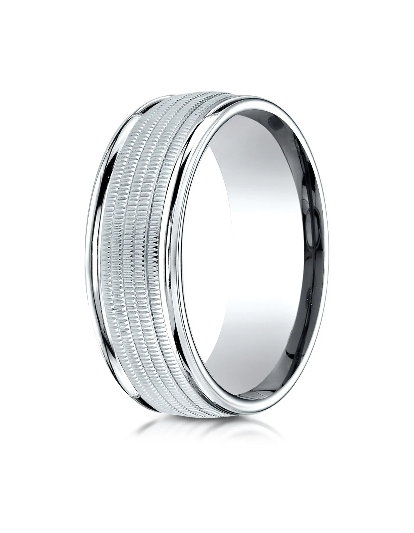 Benchmark 18K White Gold 8mm Comfort-Fit Multi Milgrain Center High Polish Round Edge Design Wedding Band