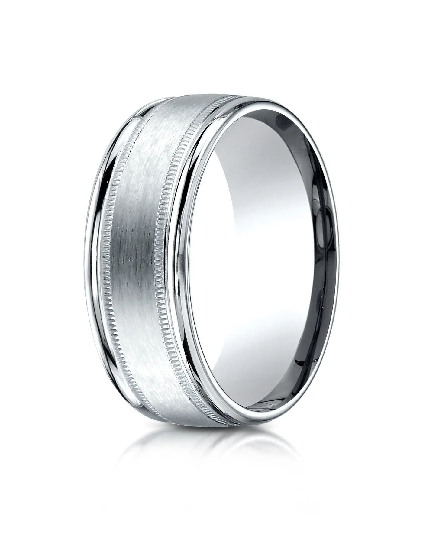 Benchmark 18K White Gold 8mm Comfort-Fit Satin Finish Center with Milgrain Round Edge Carved Design Ring