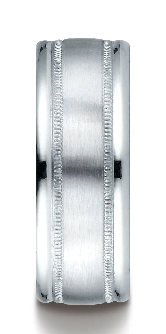 Benchmark 18K White Gold 8mm Comfort-Fit Satin Finish Center with Milgrain Round Edge Carved Design Ring