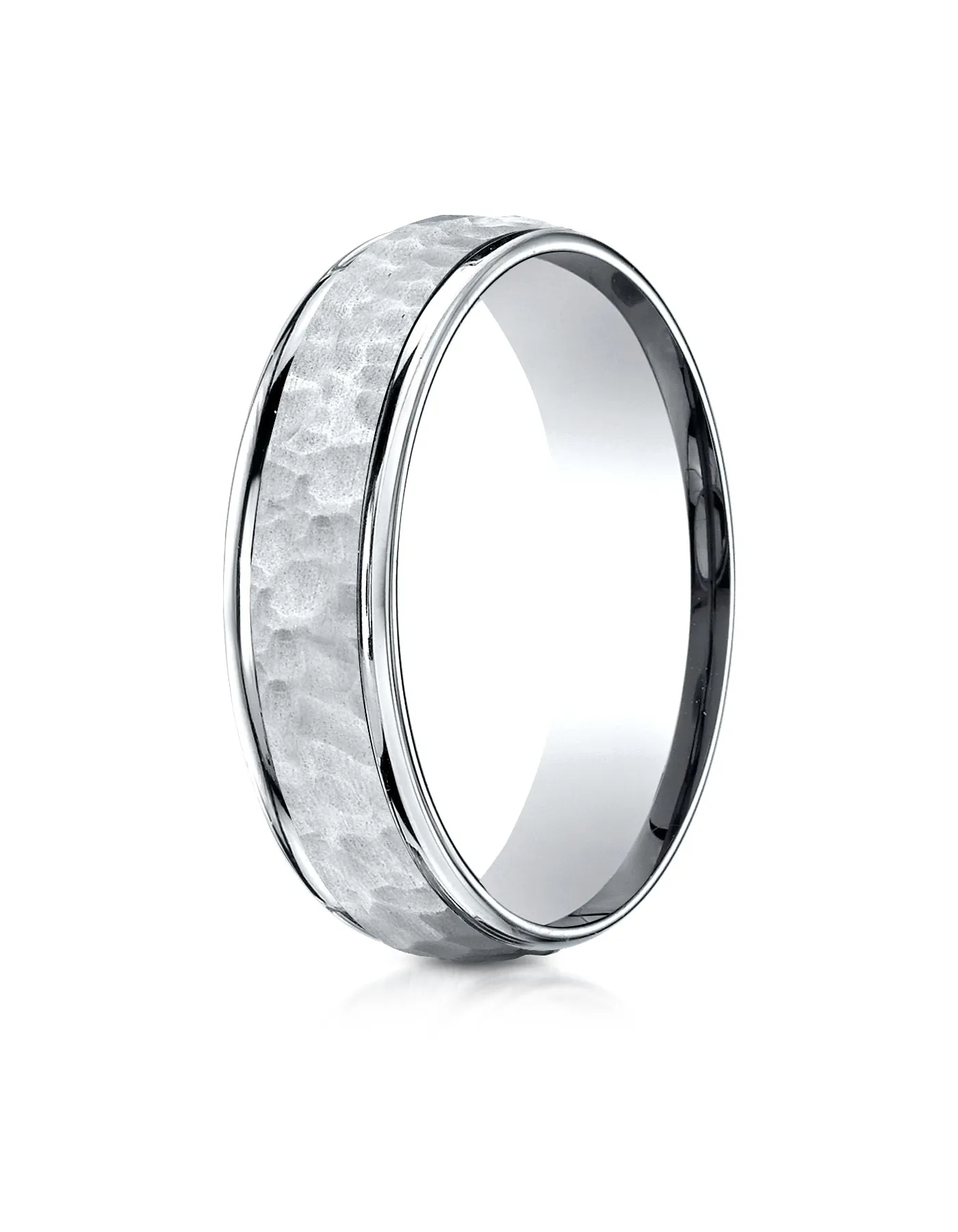 Benchmark 18K White Gold Comfort-Fit 6mm High Polish Edge Hammered Center Design Wedding Band Ring,.