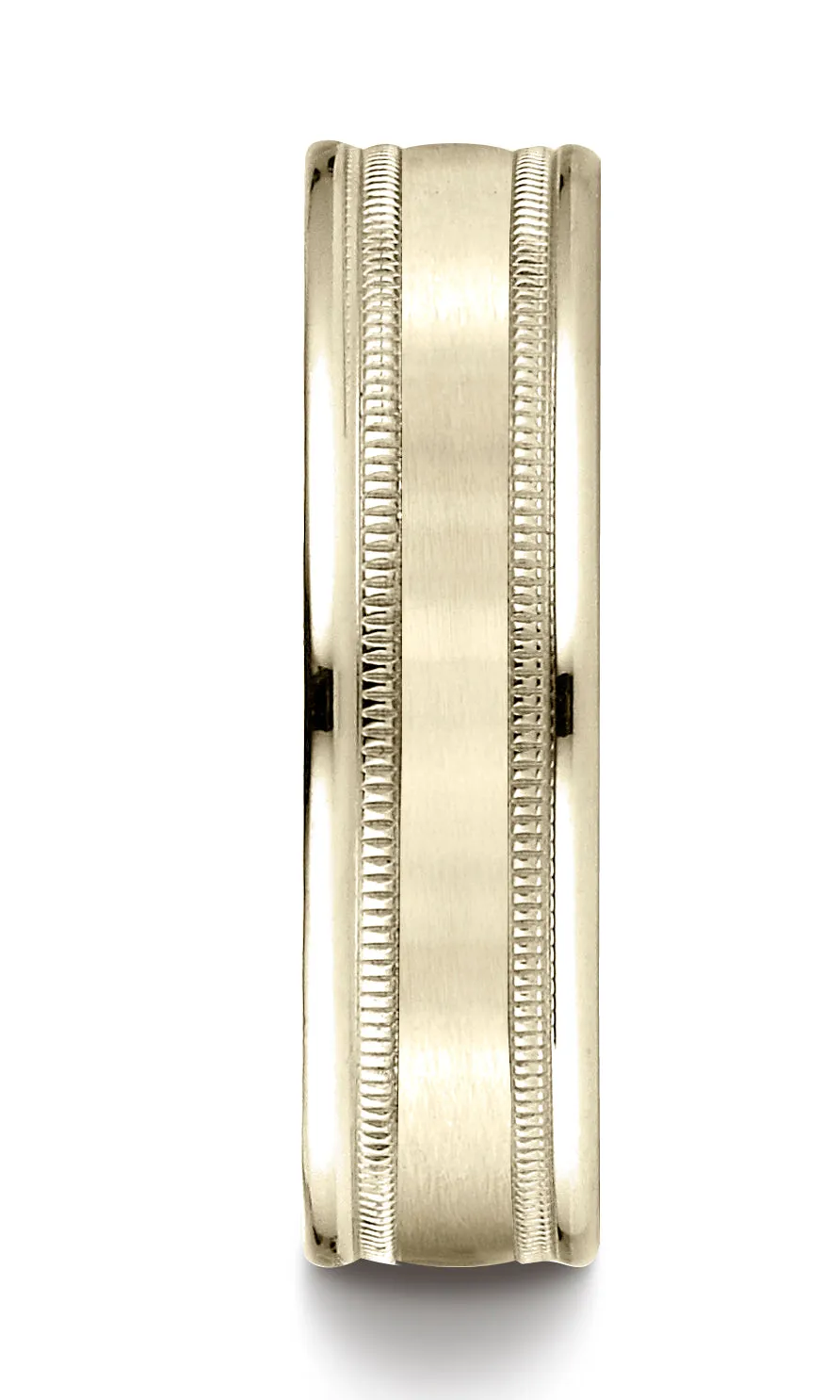 Benchmark 18K Yellow Gold 6mm Comfort-Fit Satin Finish Center w/  Milgrain Round Edge Carved Design Ring
