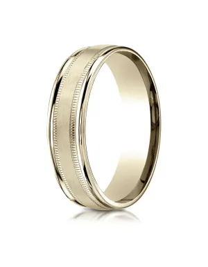 Benchmark 18K Yellow Gold 6mm Comfort-Fit Satin Finish Center w/  Milgrain Round Edge Carved Design Ring