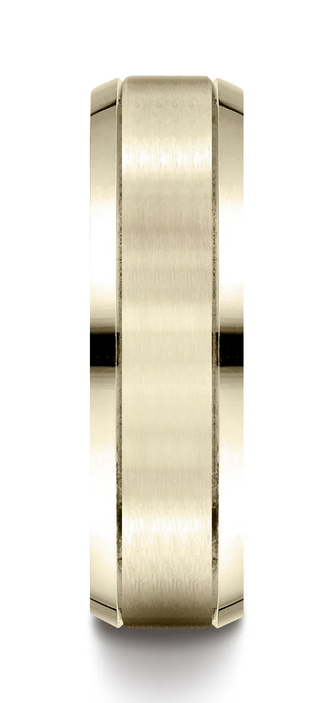 Benchmark 18K Yellow Gold 6mm Comfort-Fit Satin-Finished High Polished Beveled Edge Carved Design Ring