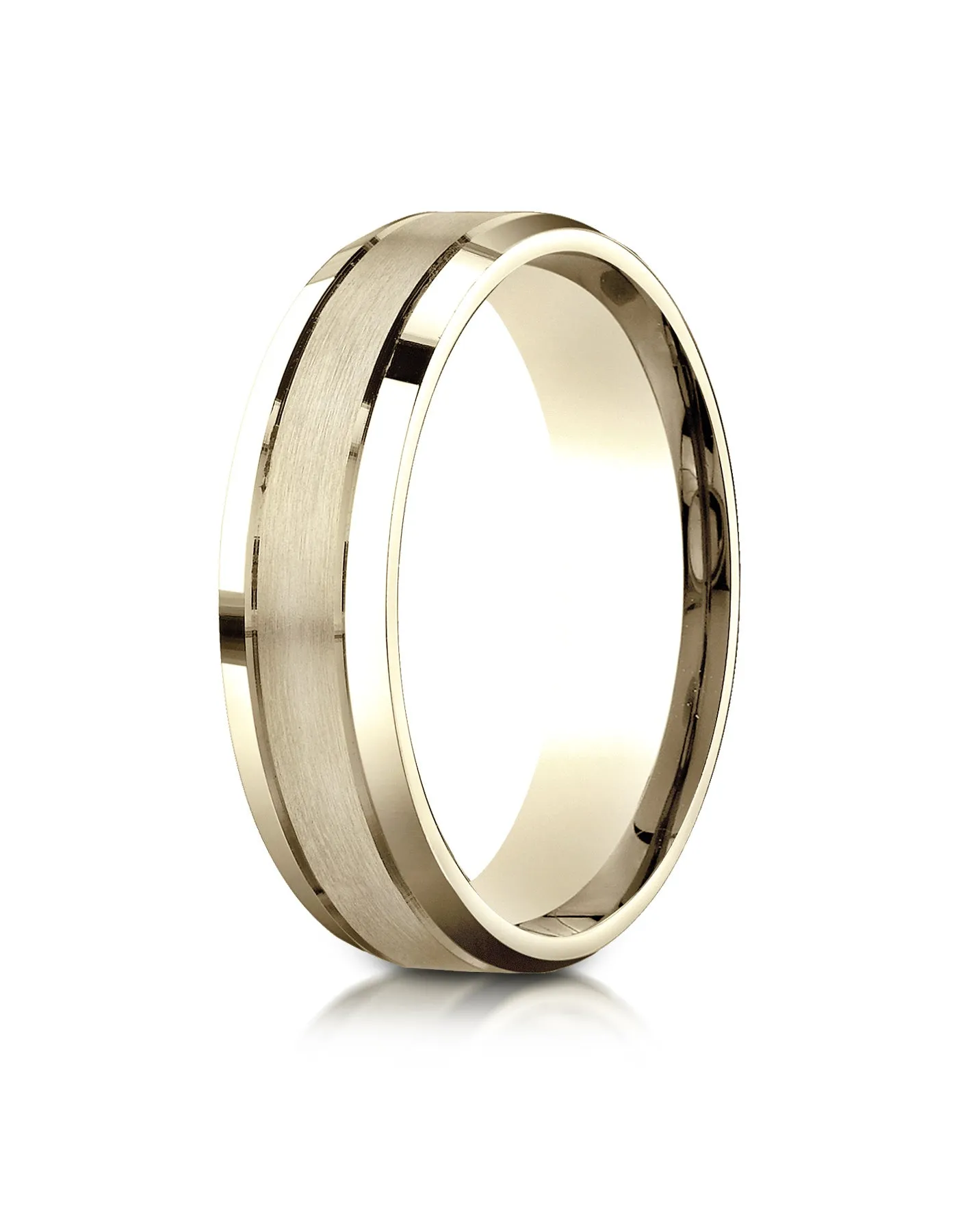 Benchmark 18K Yellow Gold 6mm Comfort-Fit Satin-Finished High Polished Beveled Edge Carved Design Ring