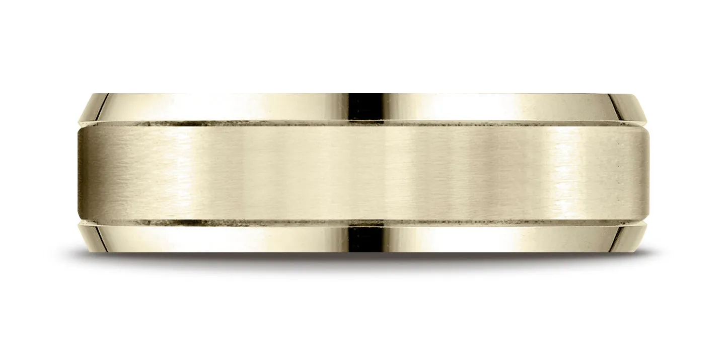 Benchmark 18K Yellow Gold 6mm Comfort-Fit Satin-Finished High Polished Beveled Edge Carved Design Ring