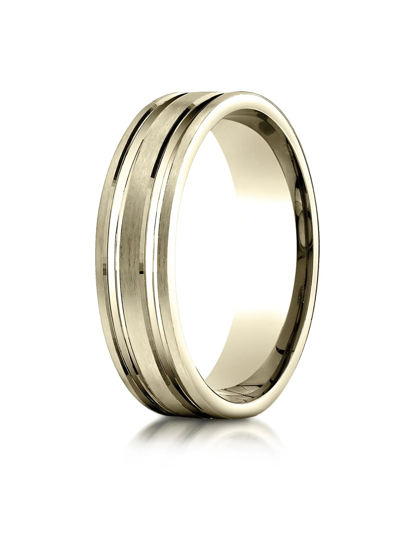 Benchmark 18K Yellow Gold 6mm Comfort-Fit Satin-Finished w/  Parallel Grooves Carved Design Wedding Band
