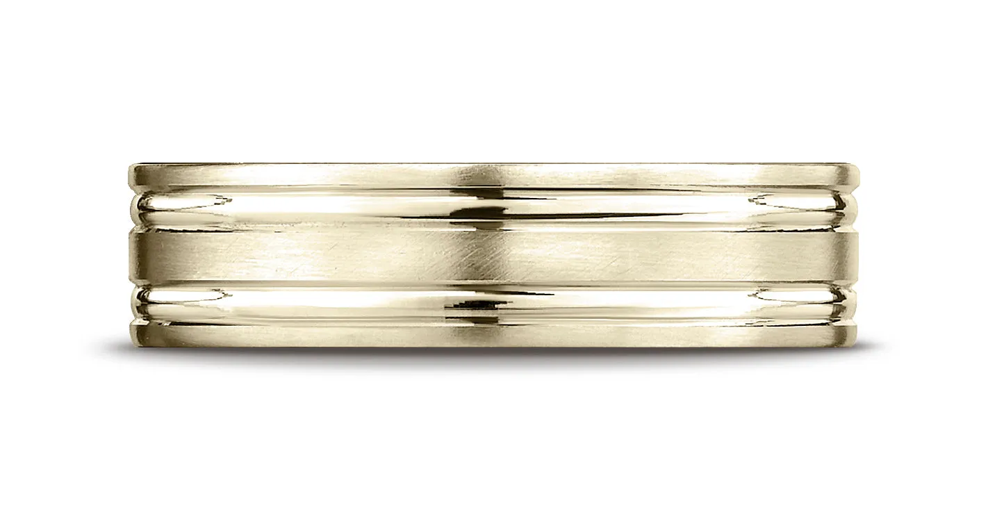 Benchmark 18K Yellow Gold 6mm Comfort-Fit Satin-Finished w/  Parallel Grooves Carved Design Wedding Band