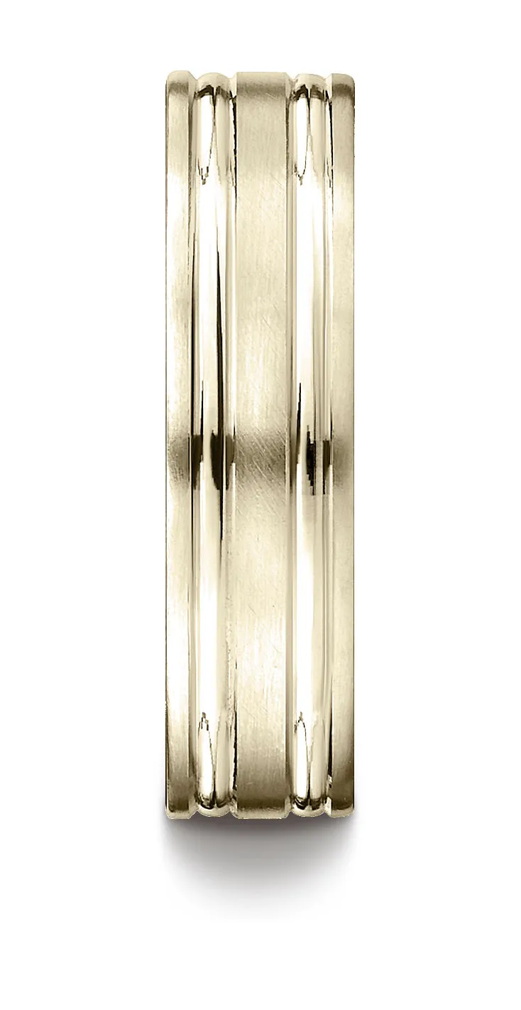 Benchmark 18K Yellow Gold 6mm Comfort-Fit Satin-Finished w/  Parallel Grooves Carved Design Wedding Band
